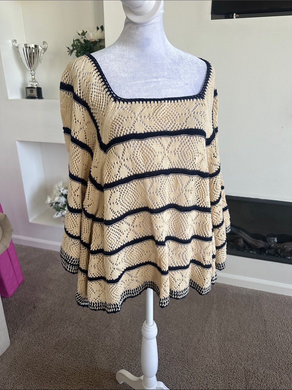 Free People Beige Open-Knit Square Neck Sweater with Black Stripes